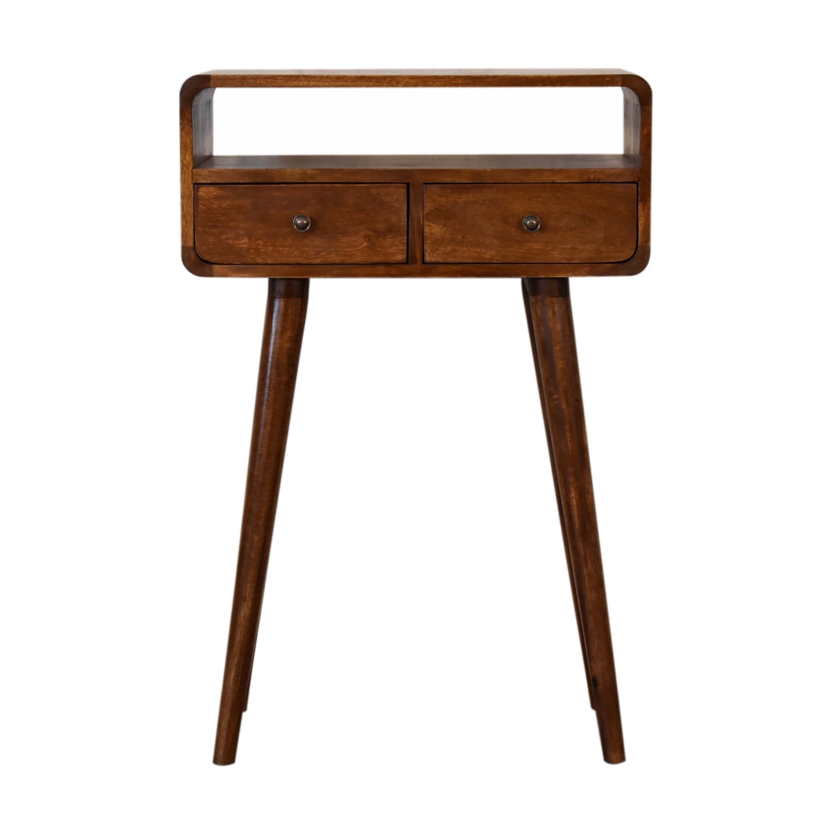 Artisan Furniture Solid Wood Mini Curved Console Table with 2 Drawers & Open Slot – Chestnut, Brown