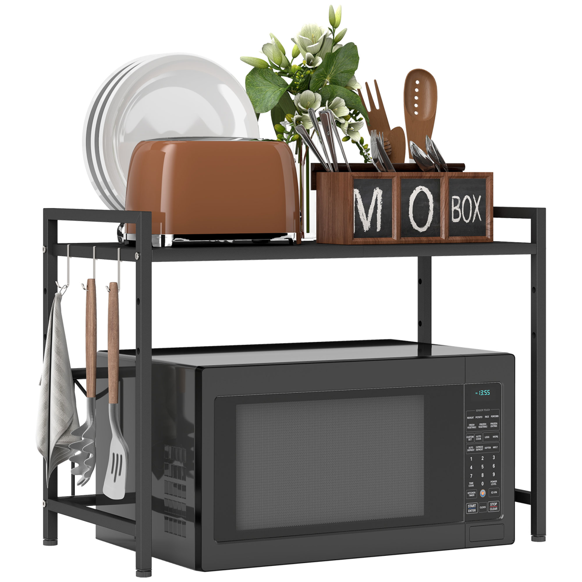 HOMCOM 2-Tier Expandable Microwave Oven Rack with 3 Hooks – Kitchen Worktop Storage Shelf, Black