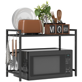 HOMCOM 2-Tier Expandable Microwave Oven Rack with 3 Hooks – Kitchen Worktop Storage Shelf, Black