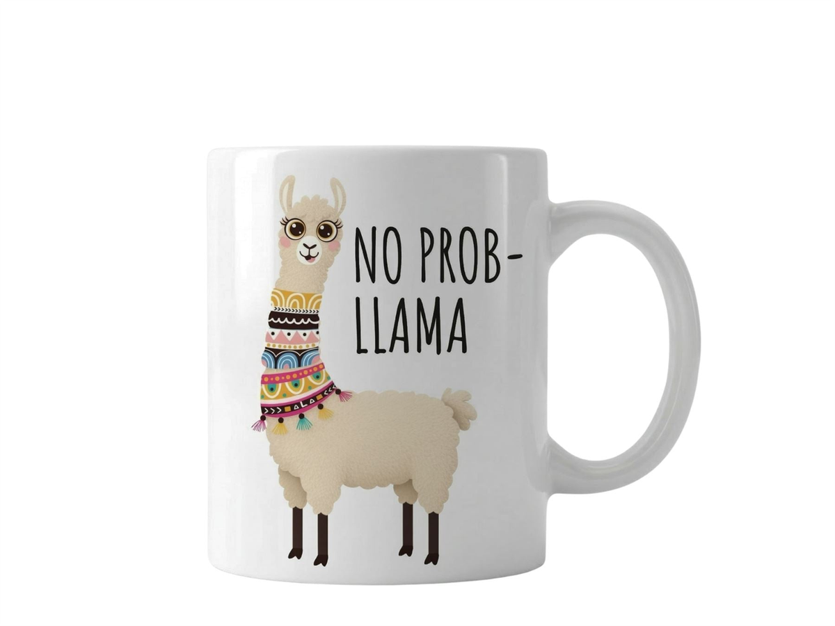 Funny No Prob Llama Ceramic Coffee Mug, 320ml – Cute Llama Quote Gift for Animal Lovers, White