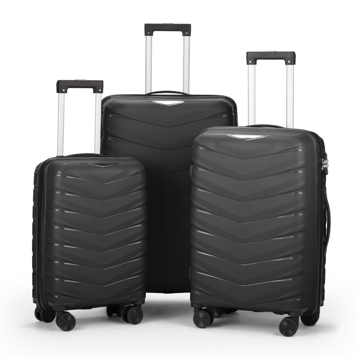 3-Piece V-Stripe Trolley Luggage Set, 20", 24" & 28" PP Suitcases with Iron Handles, Black