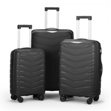 3-Piece V-Stripe Trolley Luggage Set, 20", 24" & 28" PP Suitcases with Iron Handles, Black