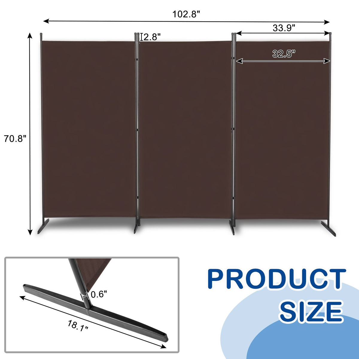 6ft 3-Panel Folding Room Divider – Polyester Fabric Privacy Screen, Steel Frame, Brown