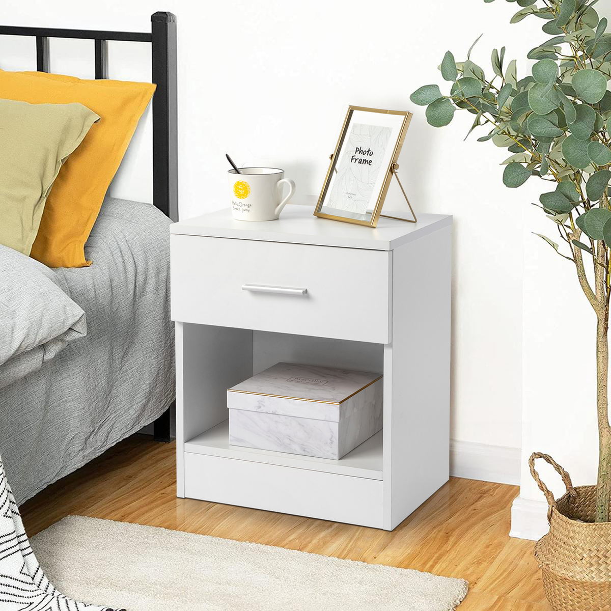 2-Tier Nightstand Bedside Cabinet with Drawer and Open Shelf – Bedroom and Home Office End Table, White