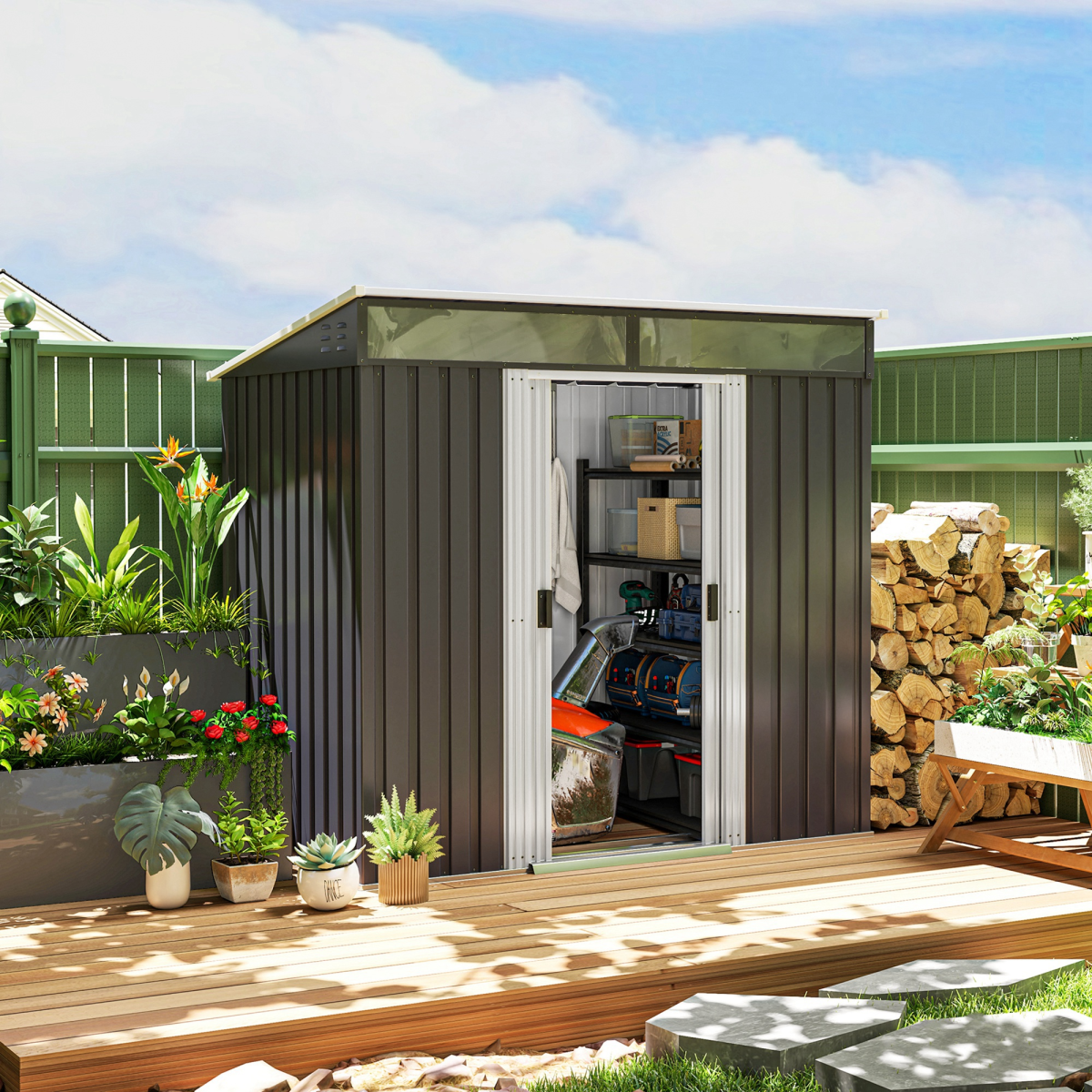 Metal Garden Shed with Lockable Sliding Doors, Windows & Foundation Kit – Bike & Tool Store, Charcoal Grey