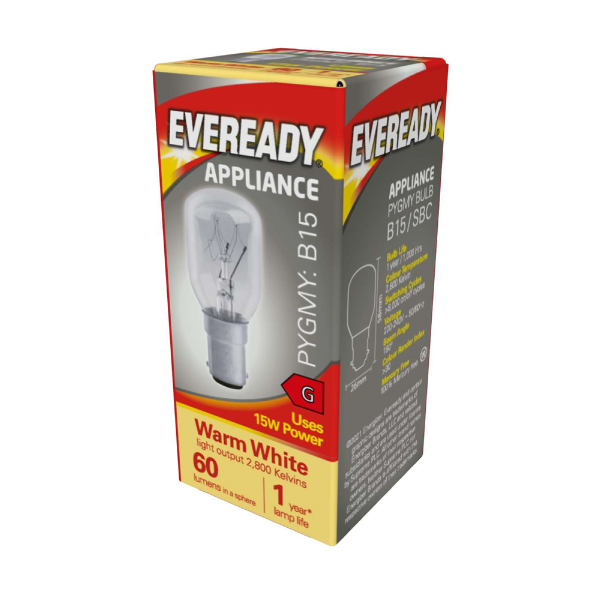 Eveready S1055 B15 SBC Pygmy Bulbs 15W, 60lm Warm White – Non-Dimmable, Pack of 10