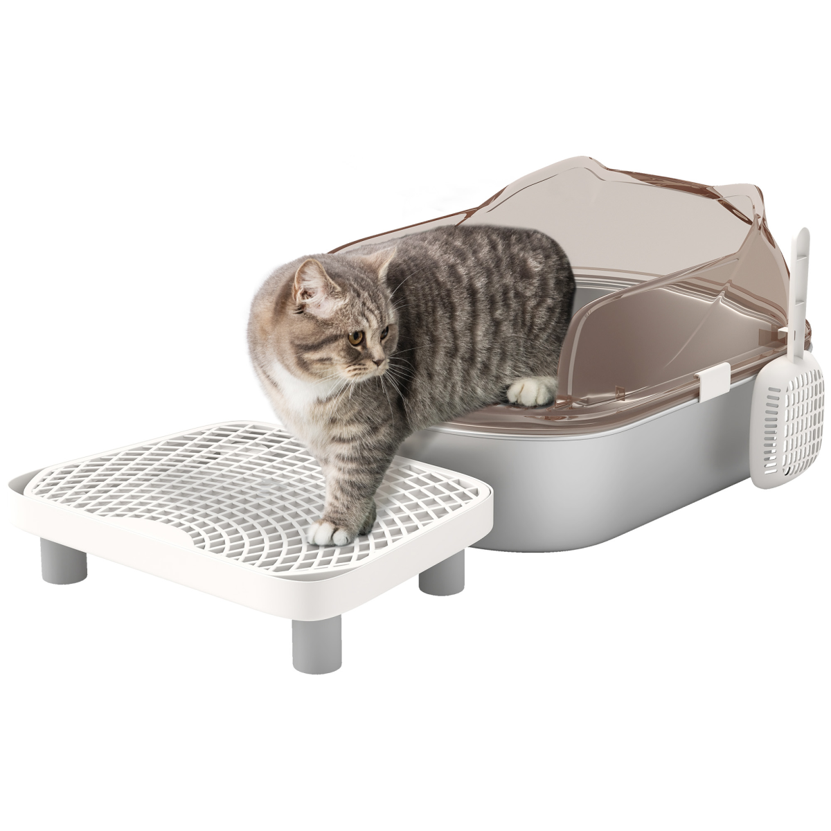 PawHut Stainless Steel Cat Litter Box with Lid, Sand Drop Step & Scoop – High Sided, Charcoal Grey