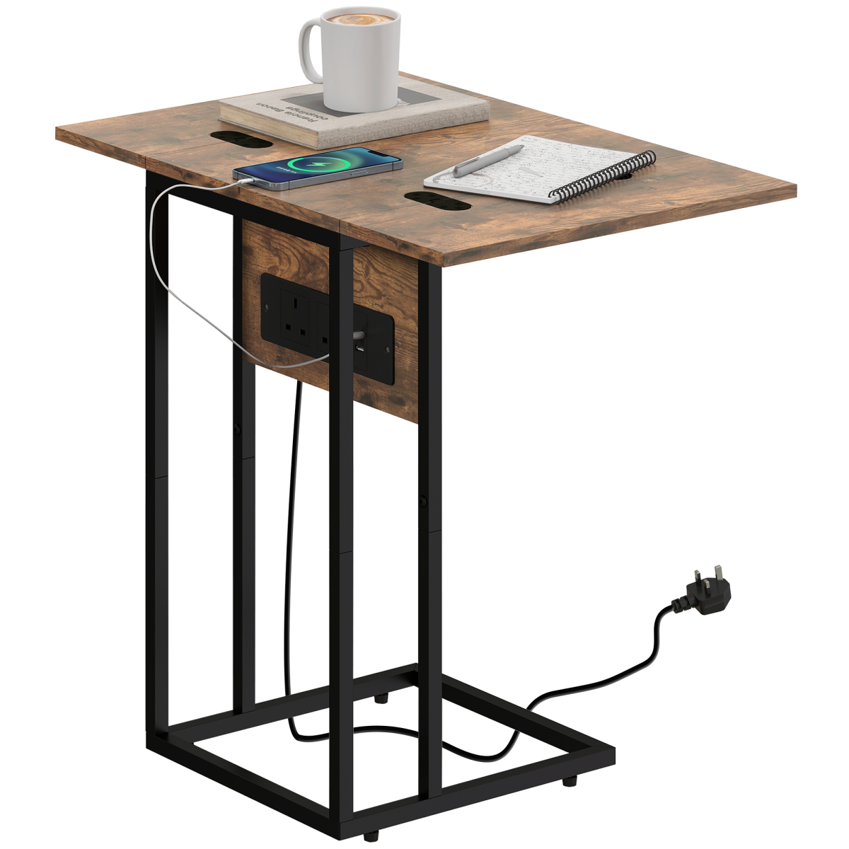 HOMCOM C Shaped Side Table with Charging Station and Foldable Top – Space-Saving, Rustic Brown and Black