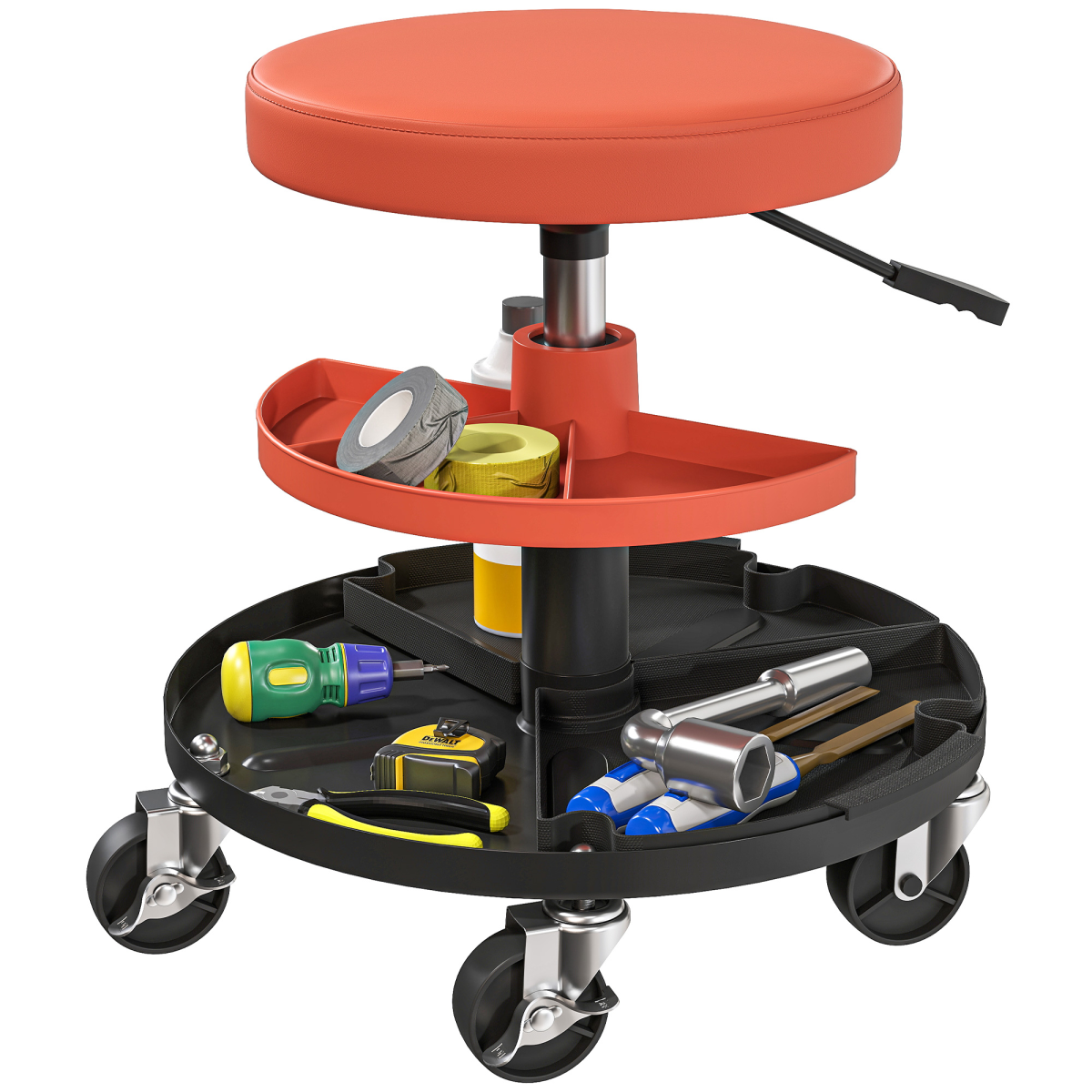 HOMCOM Rolling Mechanic Stool with Height Adjustment & Tool Trays, 135kg Capacity – Garage Workshop Seat, Yellow