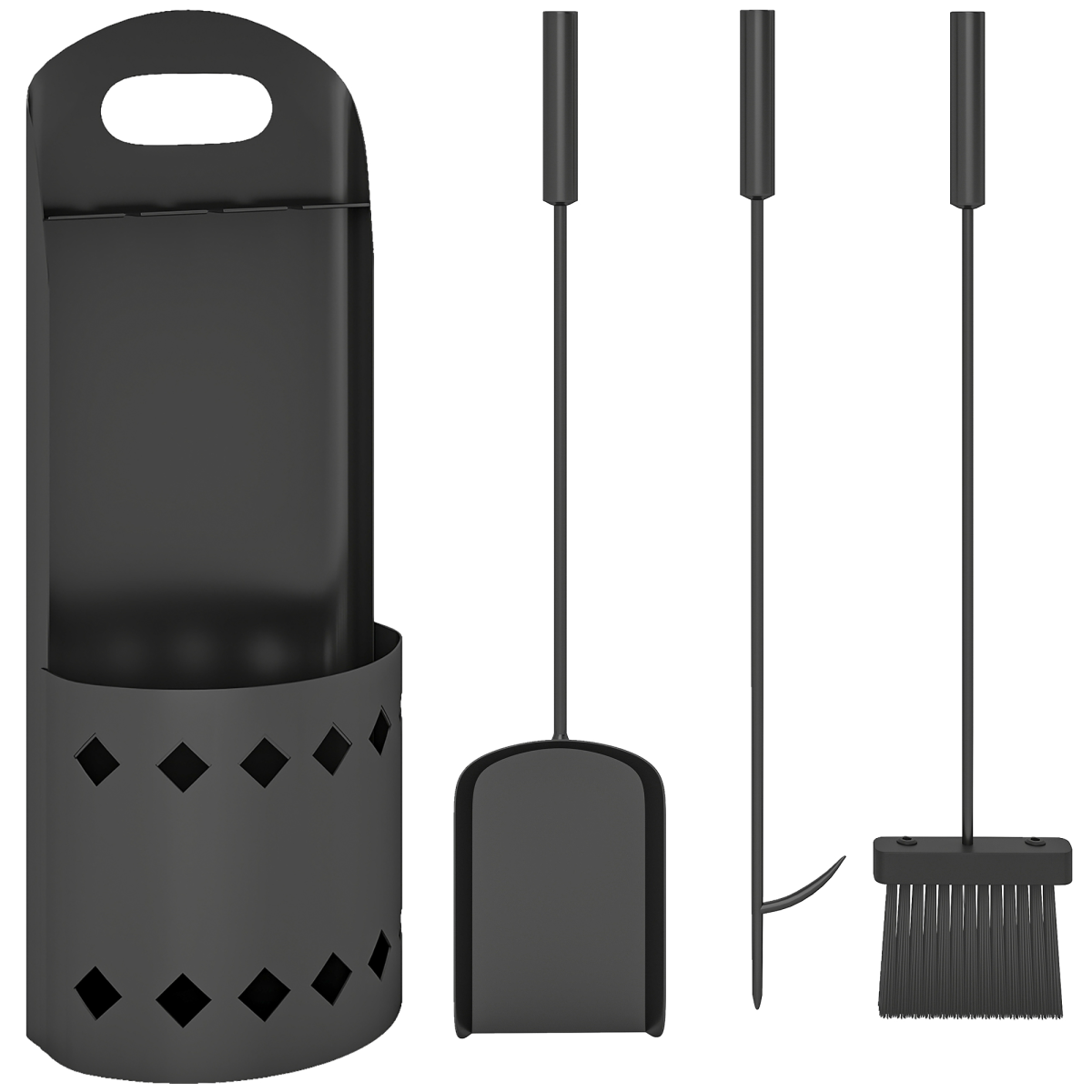 Outsunny 4 Piece Fireplace Companion Set with Broom, Shovel, Poker & Bucket – Powder-Coated Metal, Black