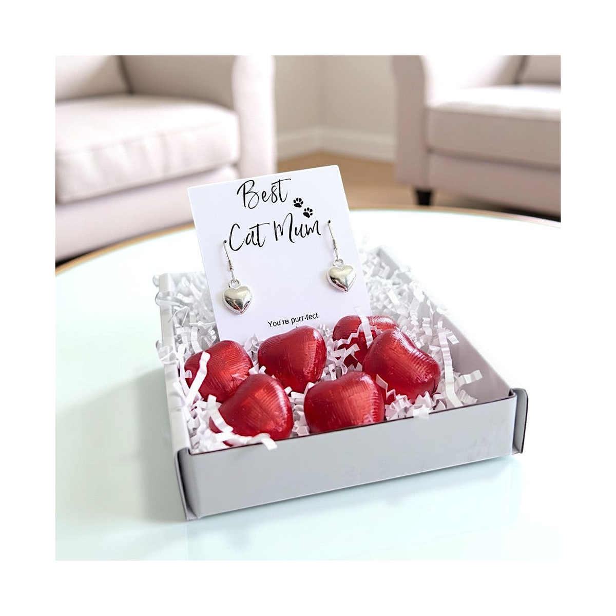 Aye Do Gifts Best Cat Mum Mini Gift Hamper with Silver Heart Earrings – Letterbox Friendly Cat Lover Gift