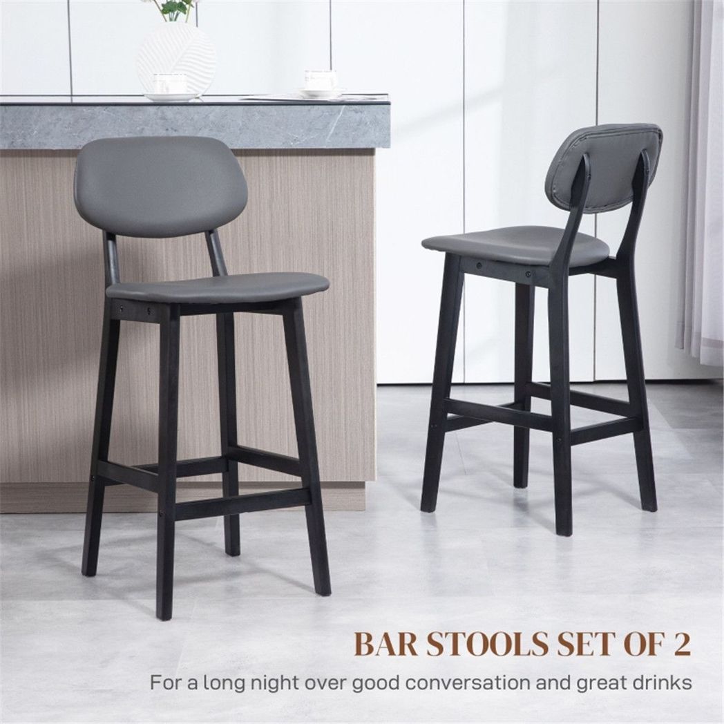 Bar Stools Set of 2 with Backs, Footrests & Padded Faux Leather Seats – Beech Wood Counter Chairs, Dark Grey
