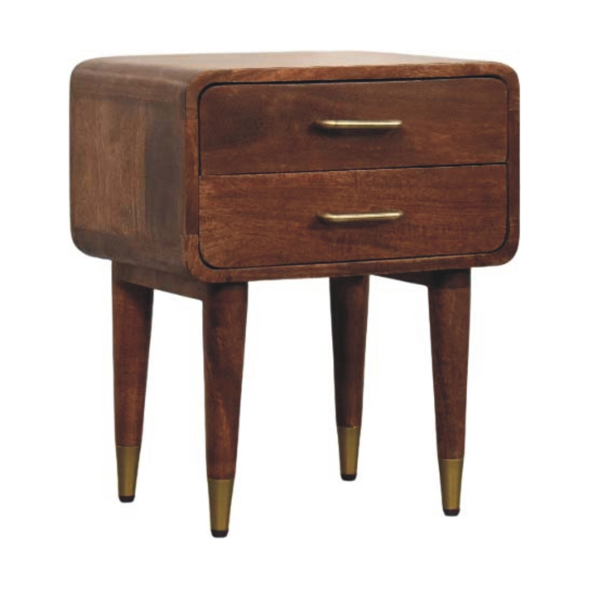 Artisan Furniture Solid Wood Astor 2-Drawer Nightstand with Brass Handles – Mid-Century Bedside, Roasted Almond