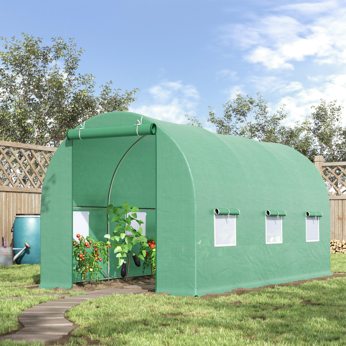 Walk-in Tunnel Greenhouse with 6 Windows & Zipped Roll-up Door – Steel Frame, 14.6 x 6.2 x 6.6ft, Deep Green