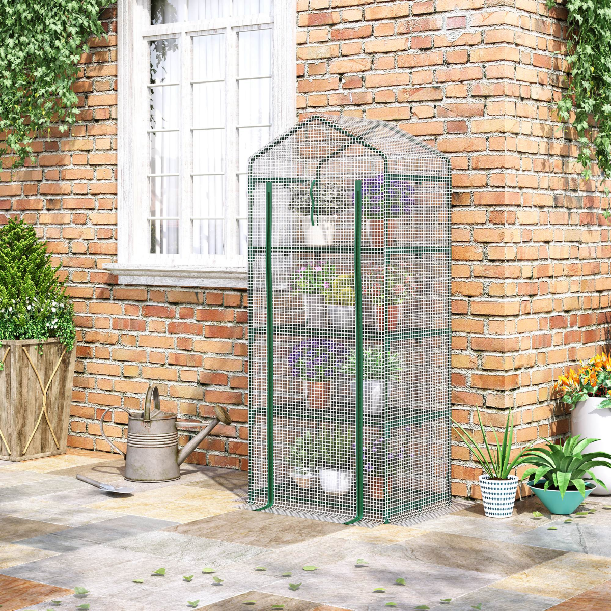 4-Tier Mini Greenhouse with Zipped Roll-up Door – Steel Frame Plant Grow House, 70 x 50 x 160cm, Dark Green & White