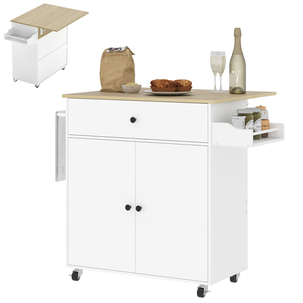 HOMCOM Kitchen Island with Drop Leaf, Drawer & Cabinet – Rolling Storage Trolley with Spice Rack, White