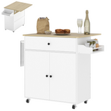 HOMCOM Kitchen Island with Drop Leaf, Drawer & Cabinet – Rolling Storage Trolley with Spice Rack, White