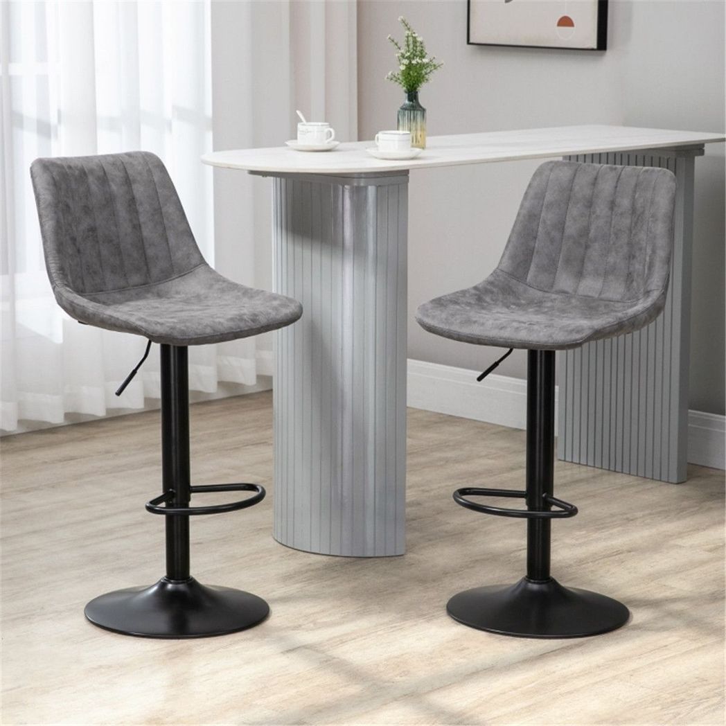 Set of 2 Bar Stools with High Back Tub Seats, Footrest & Round Base – Microfibre Kitchen Stools, Grey