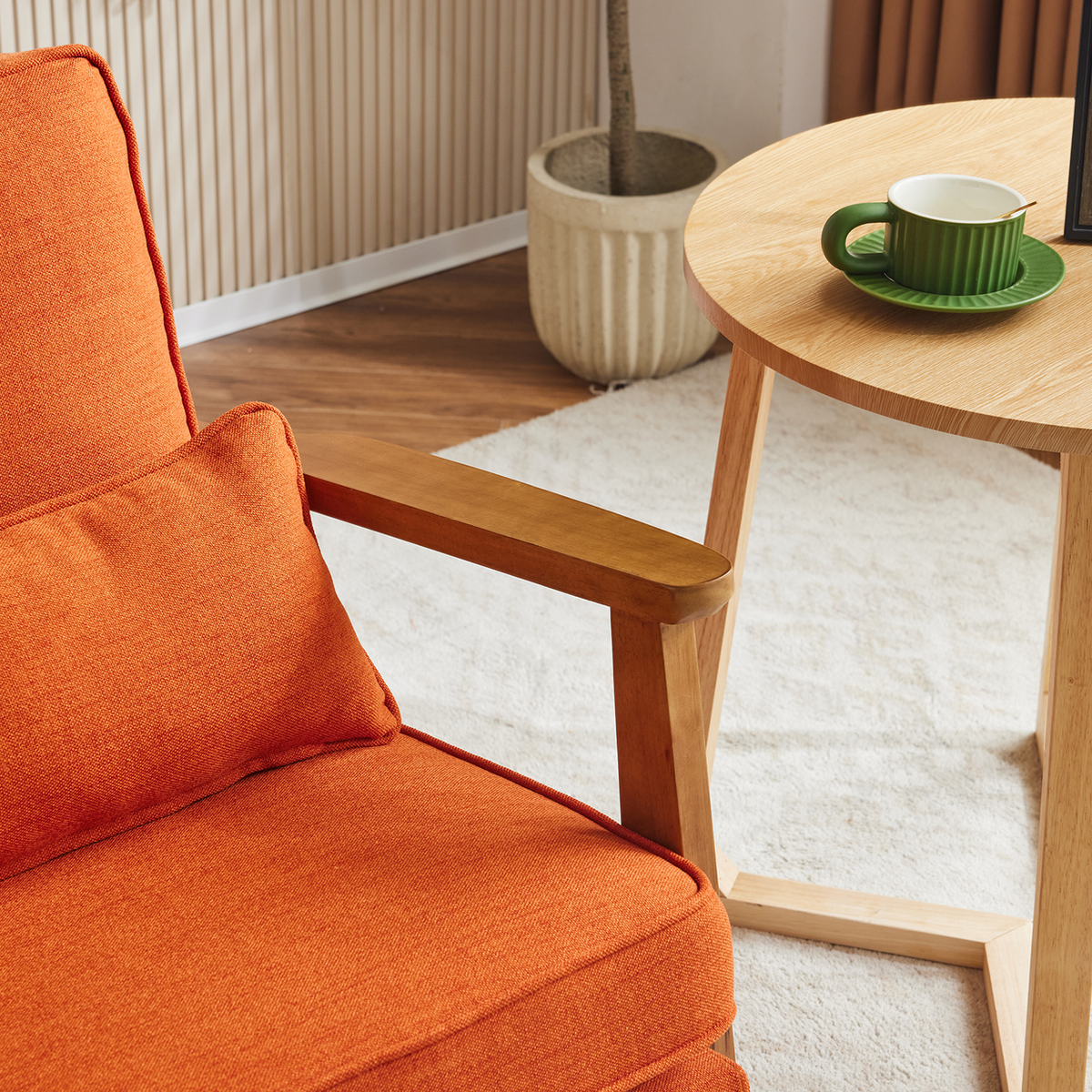 Mid-Century Modern Oak Frame Accent Chair with Linen-Cotton Upholstery – Retro Lounge Armchair, Burnt Orange
