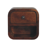 Artisan Furniture Extra Mini Curved Bedside Table with Drawer & Open Slot – Solid Mango Wood, Chestnut, Brown