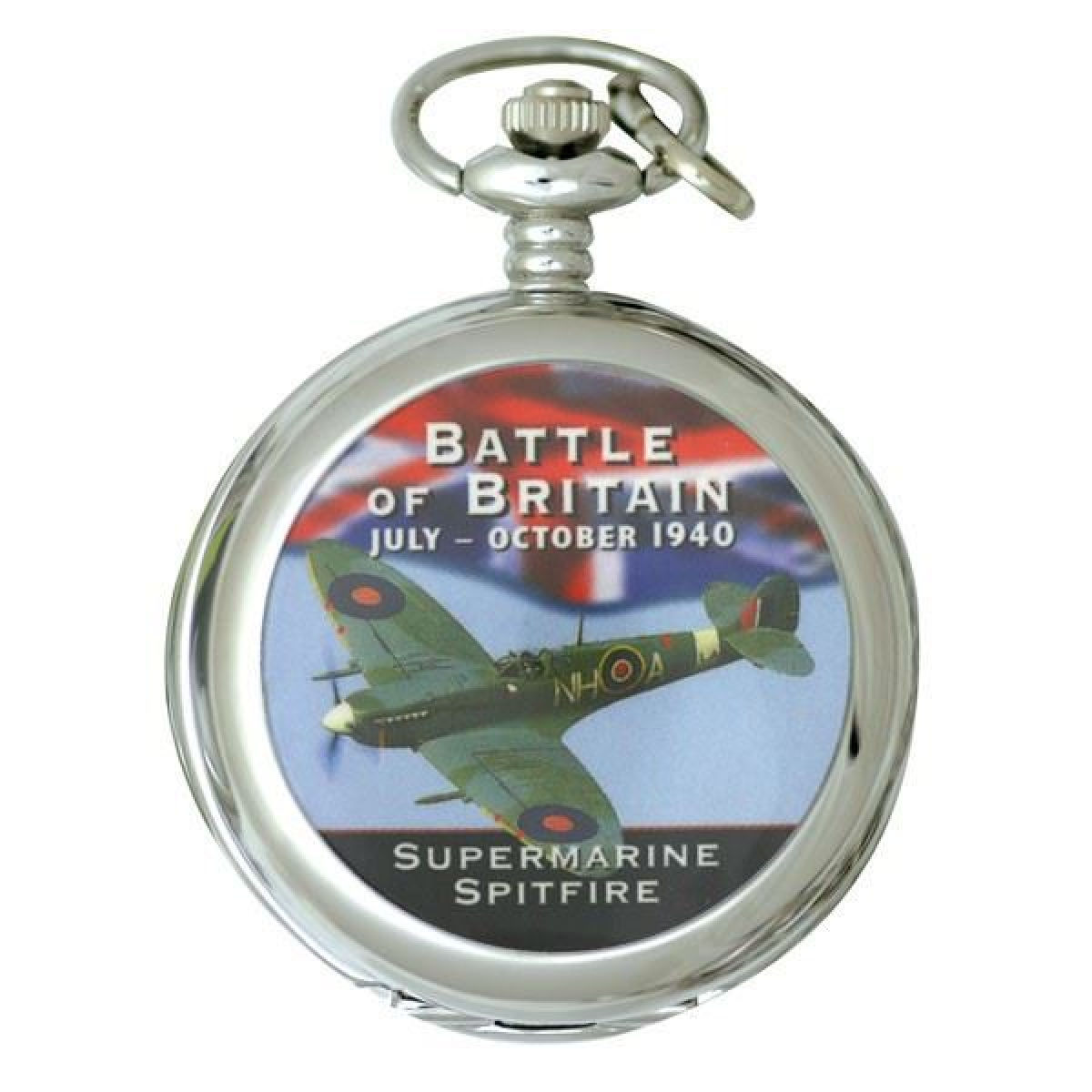 Ravel Picture Pocket Watch with Super Marine Spitfire Design, Chain & Tin Presentation Box – Silver
