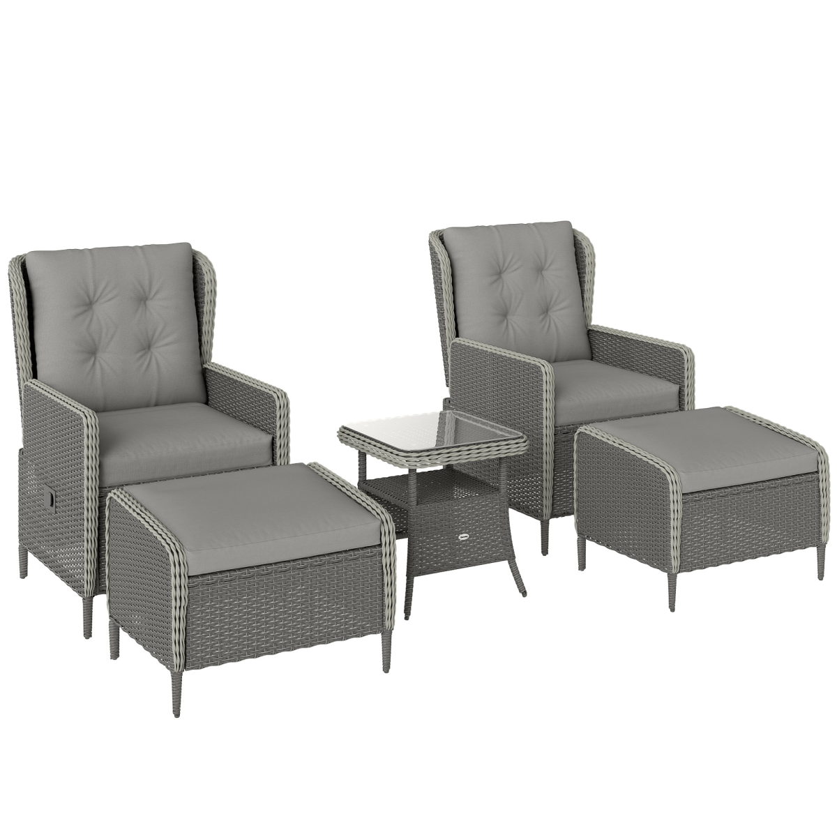 Outsunny Five-Piece Rattan Garden Furniture Set with Reclining Armchairs, Footstools & Glass Table, Charcoal Grey