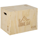 HOMCOM 3-in-1 Wooden Plyo Box with 40/45/60cm Jump Heights & Carved Handles – Home Gym Training, Natural