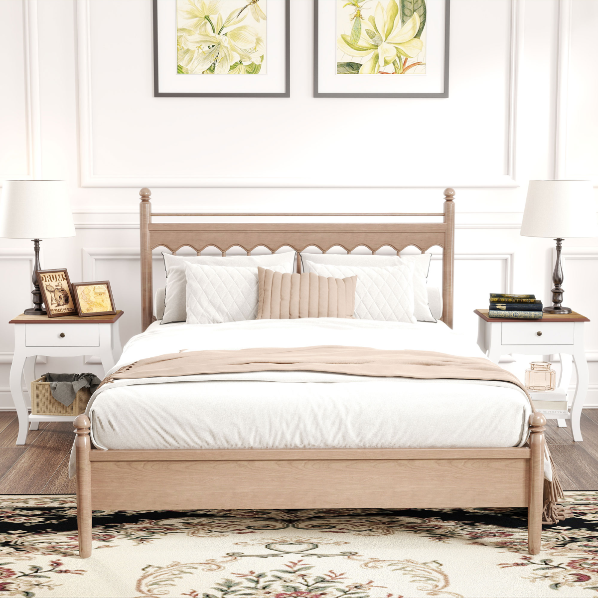 Set of 2 Bedside Tables with Drawer and Open Shelf – Bedroom Nightstands with Oak Effect Top, White