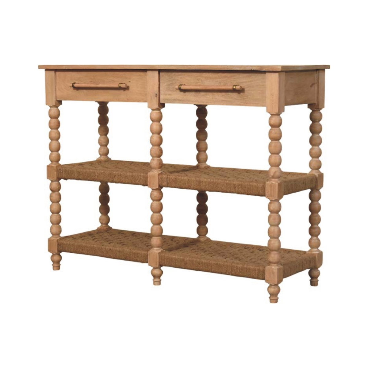 Artisan Furniture Solid Wood Savoy Bobbin Console Table with Jute Shelves & 2 Drawers – Hallway, Beige