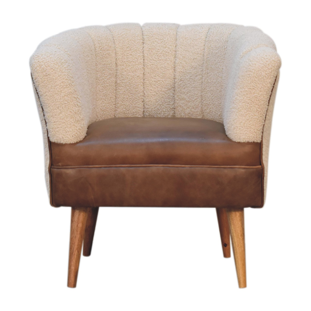 Artisan Furniture Solid Wood Boucle Armchair with Buffalo Leather Seat – Upholstered Accent Chair, Cream & Brown