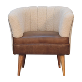 Artisan Furniture Solid Wood Boucle Armchair with Buffalo Leather Seat – Upholstered Accent Chair, Cream & Brown