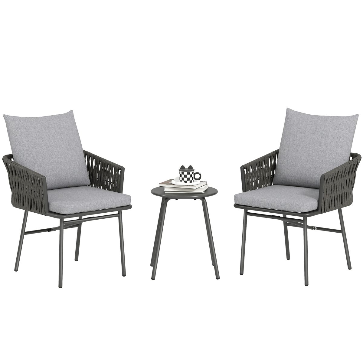 Outsunny 3-Piece Rattan Bistro Set with 2 Cushioned Chairs & Round Metal-Top Table – Balcony Furniture, Grey