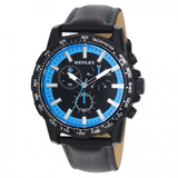 Henley Men's Satin Black Sports Multi-Eye Watch – Faux Leather Strap with Blue Stitching