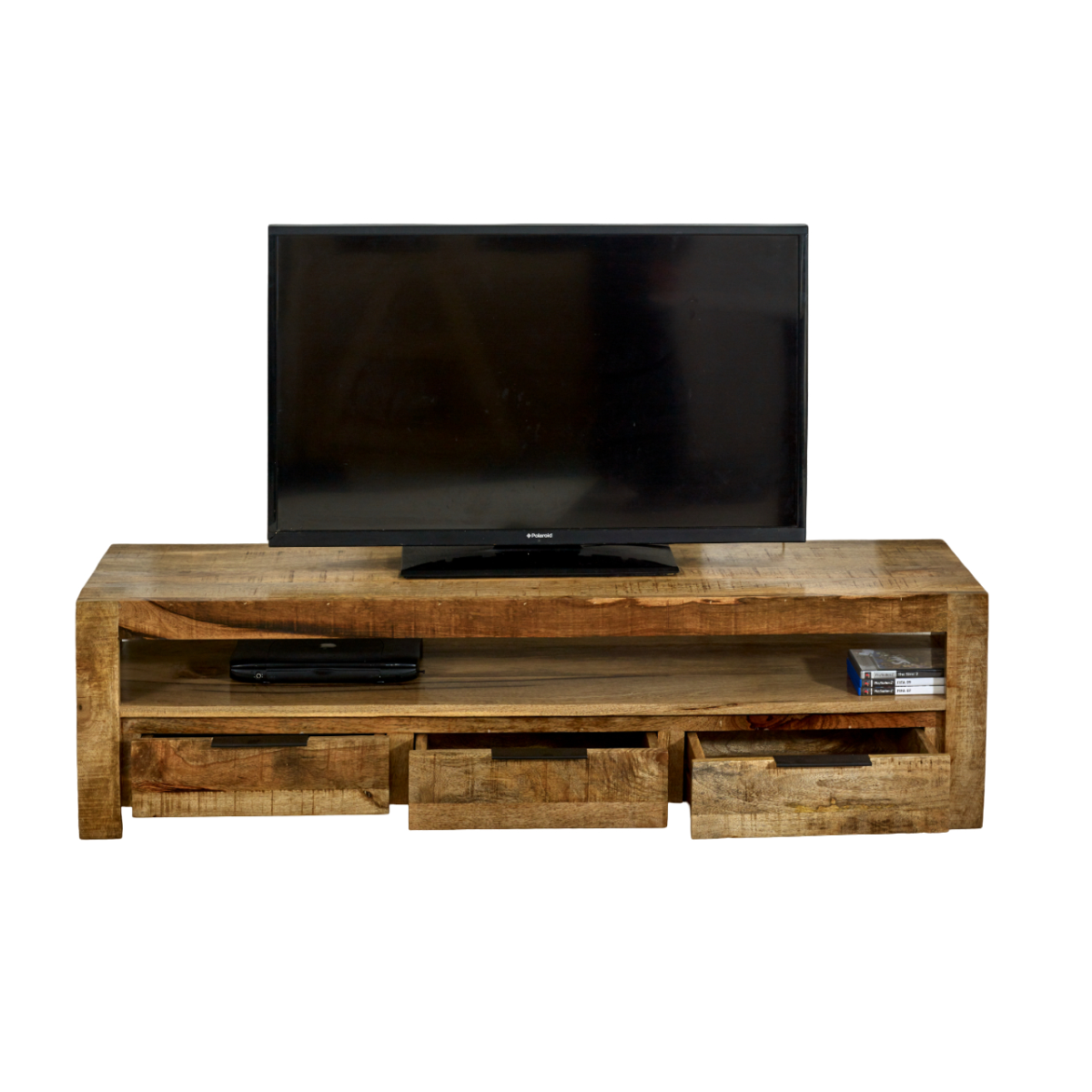 Surrey Solid Mango Wood Large TV Unit with 3 Drawers – Handmade Media Storage, Natural Finish