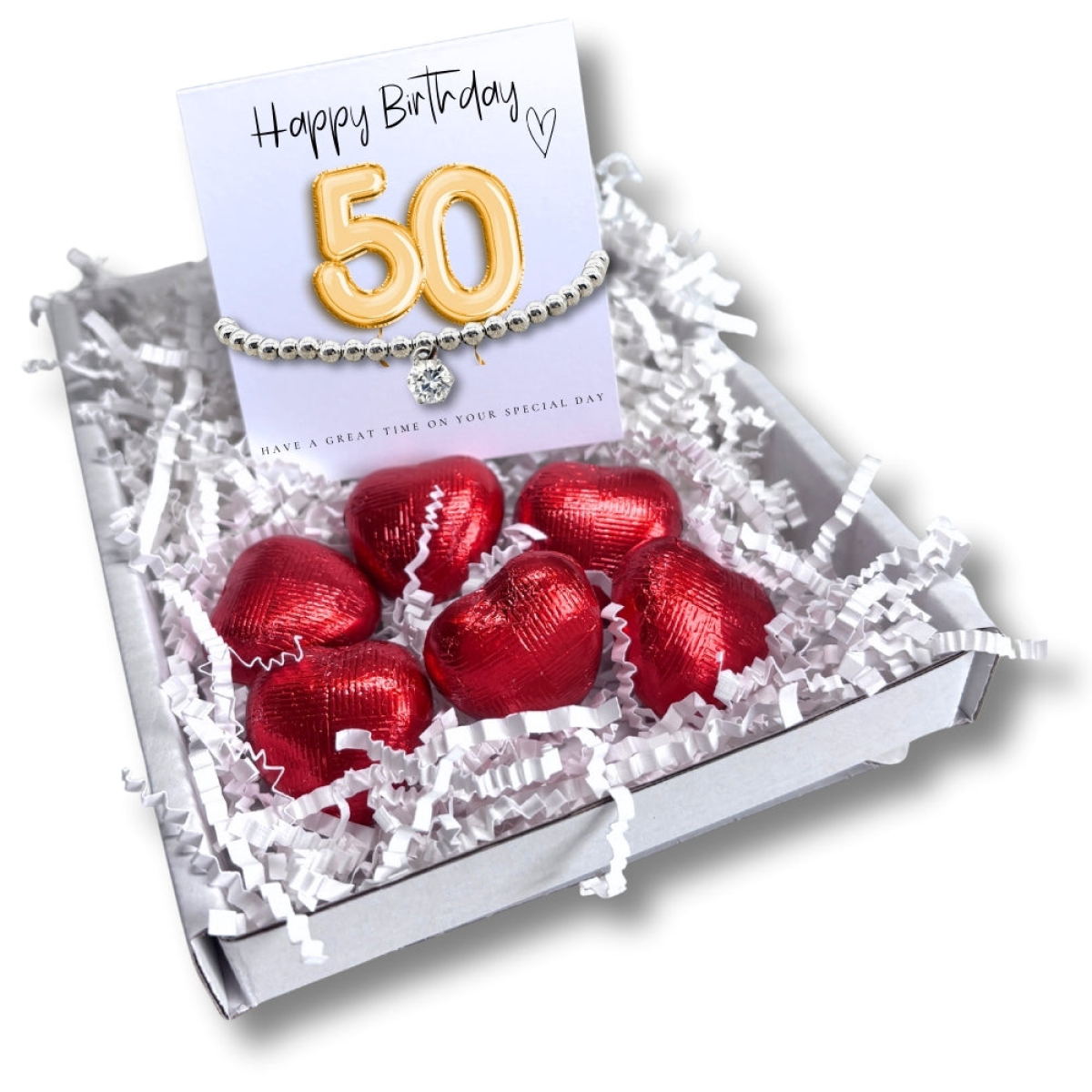 Aye Do Gifts 50th Birthday Cubic Zirconia Silver Bracelet & Gold Balloons Mini Gift Hamper with Milk Chocolate Hearts