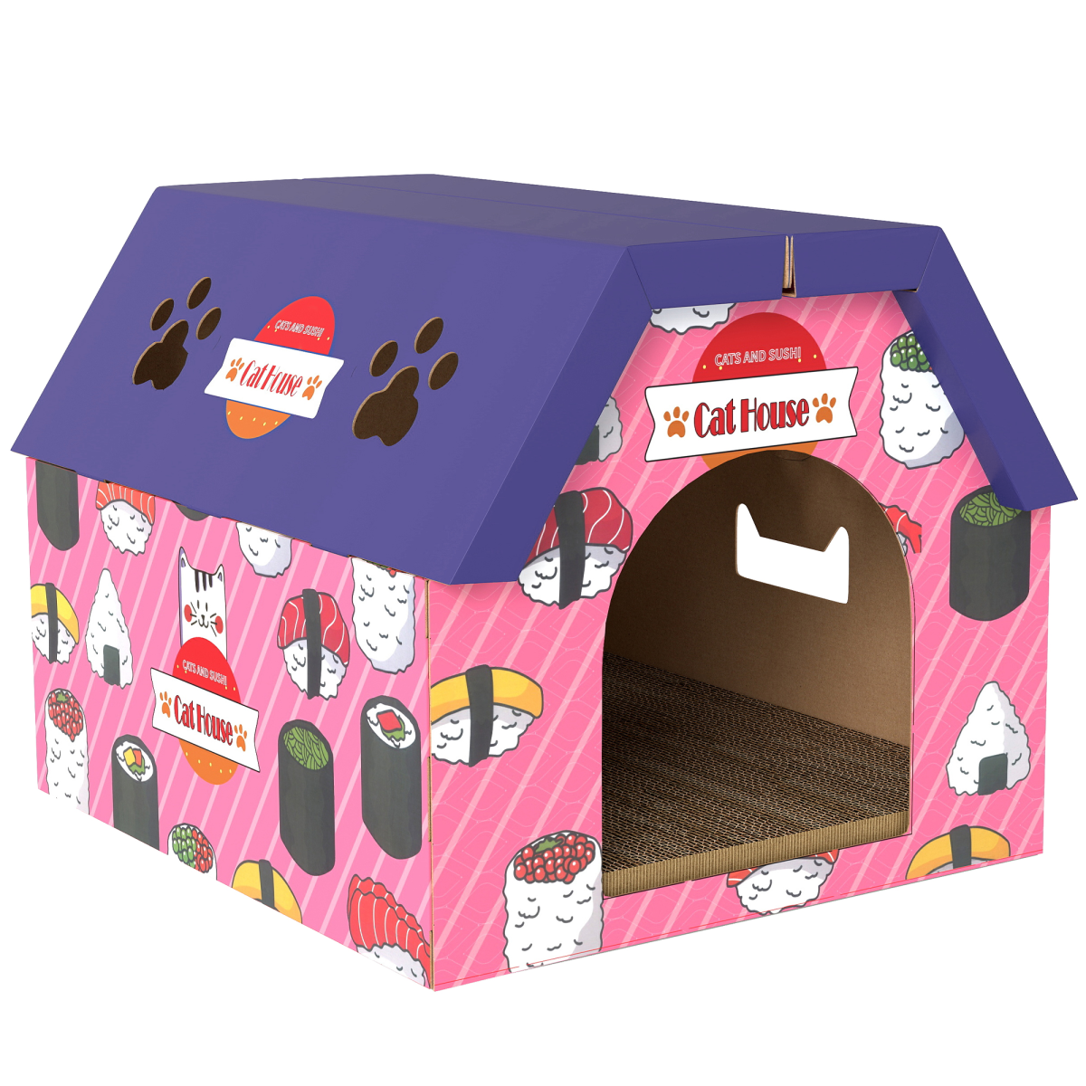 PawHut 2-in-1 Cat Scratching Board House with 4 Paw-Shaped Vents & Cat Grass – Cardboard Cat Bed, Pink