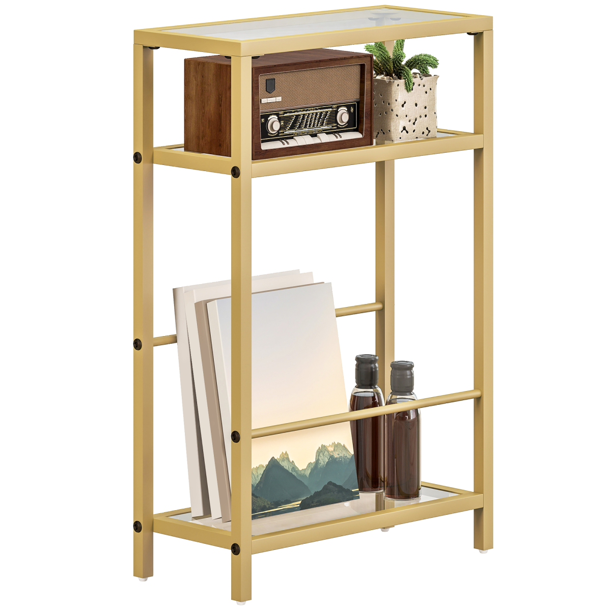 HOMCOM Slim Side Table with Three-Tier Tempered Glass Shelves – 18 cm Narrow End Table, Gold Tone