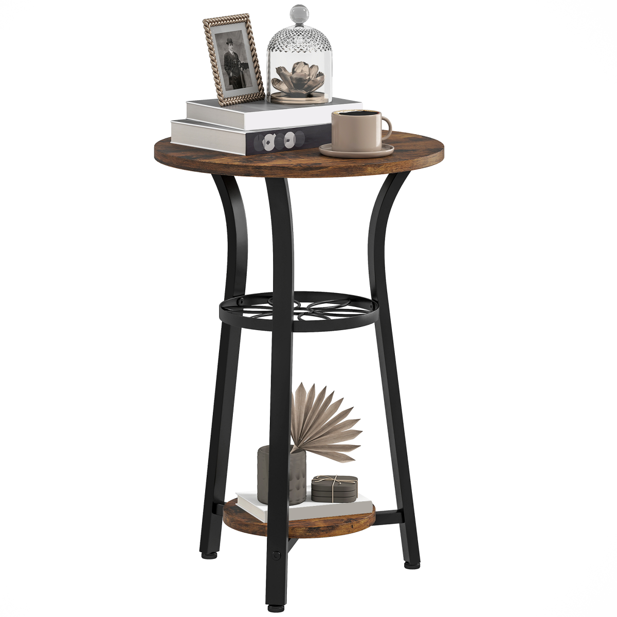 HOMCOM 3-Tier Round Side Table, 38 cm Industrial End Table with Metal Legs – Compact, Rustic Brown