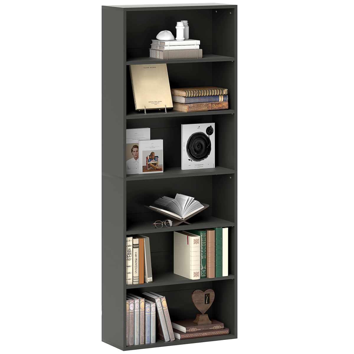 HOMCOM 6 Tier Bookshelf with 4 Adjustable Shelves and Anti-Tip Straps – Freestanding Bookcase, Black