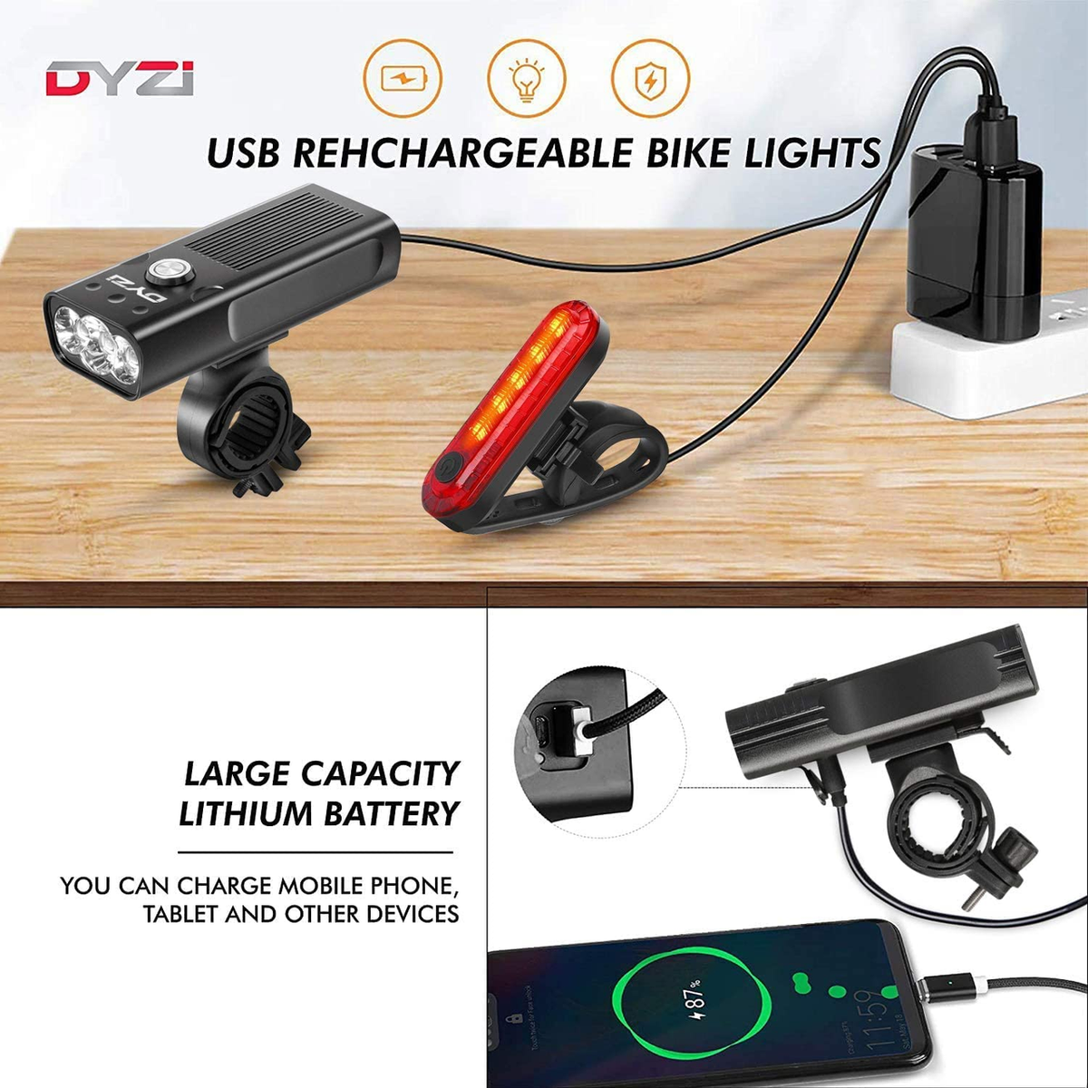 USB Rechargeable Bike Light Set with Bright Front LED, Tail Light & Built-in Power Bank – Waterproof