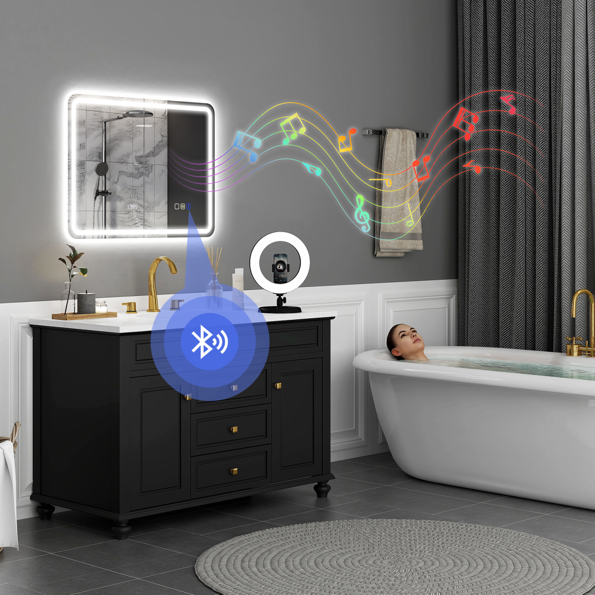 LED Bathroom Mirror 80 x 60cm with Bluetooth Speaker, Digital Clock & Demister – Horizontal Wall Mount