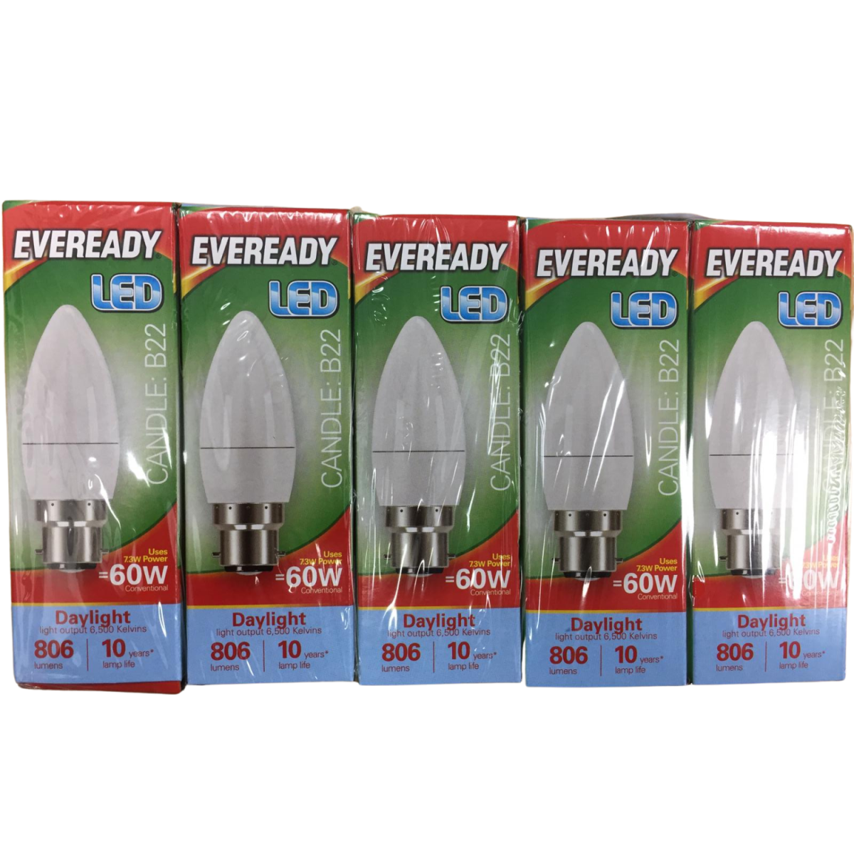 Eveready LED BC Candle Bulbs, B22 Bayonet Cap, 806 Lumens, 60W Equivalent, Opal – Pack of 5