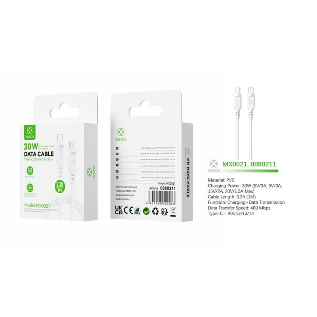Woox Type C to Lightning Data Cable, 30W Power Delivery Fast Charging, Durable PVC, 2m – White