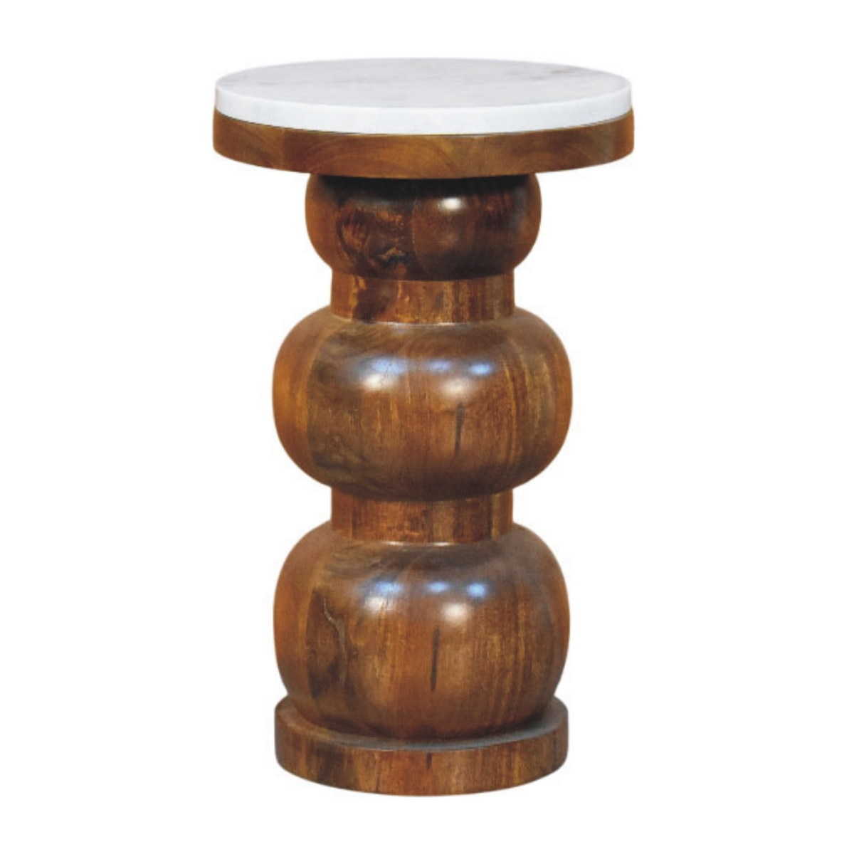 Artisan Furniture Solid Wood Marble Top Bulla Side Table with Stacked Rounded Base – Accent Table, Brown & White