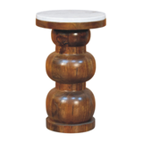 Artisan Furniture Solid Wood Marble Top Bulla Side Table with Stacked Rounded Base – Accent Table, Brown & White