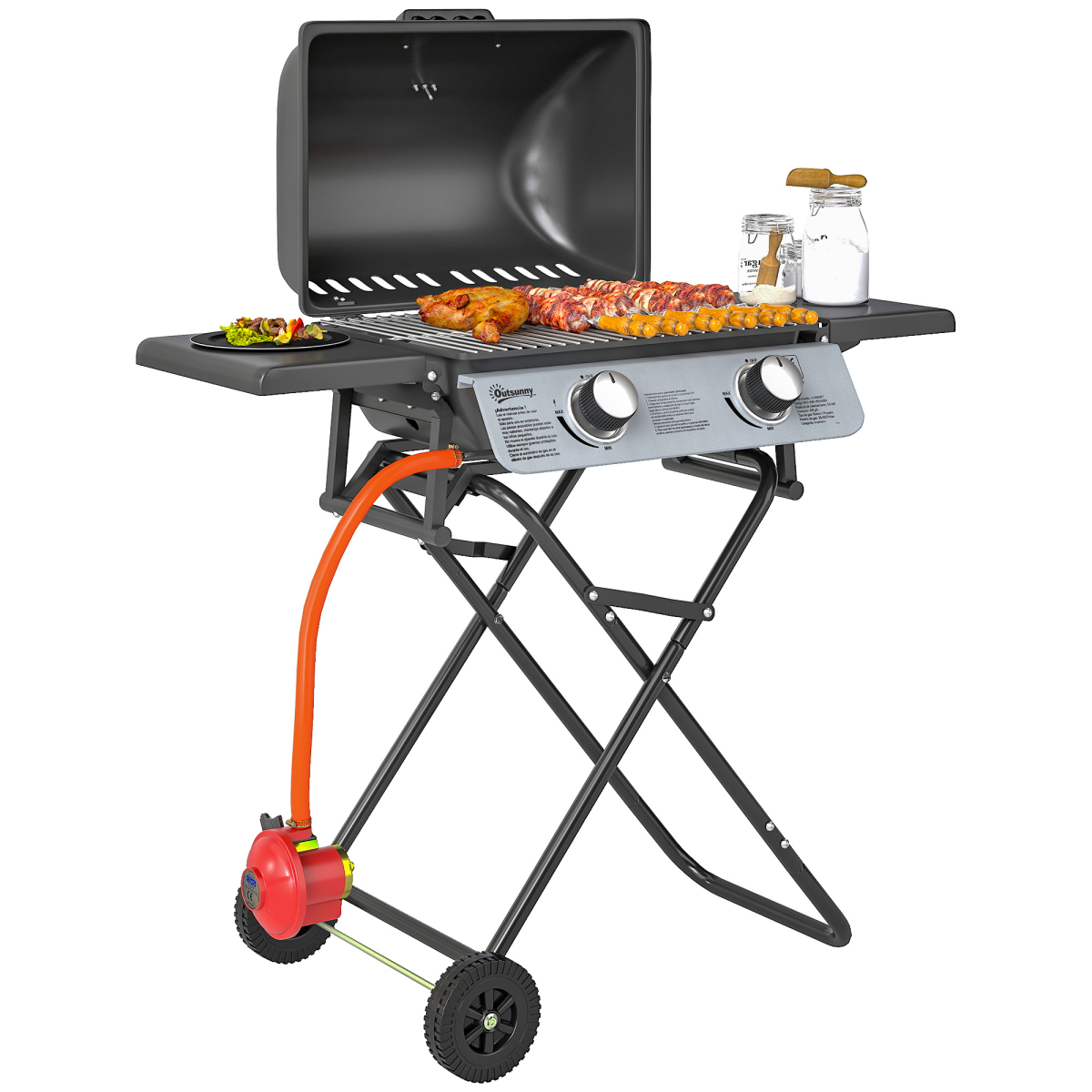 Outsunny Portable Foldable Gas Barbecue Grill with Lid and Thermometer, Two Burners – Suitcase BBQ, Black