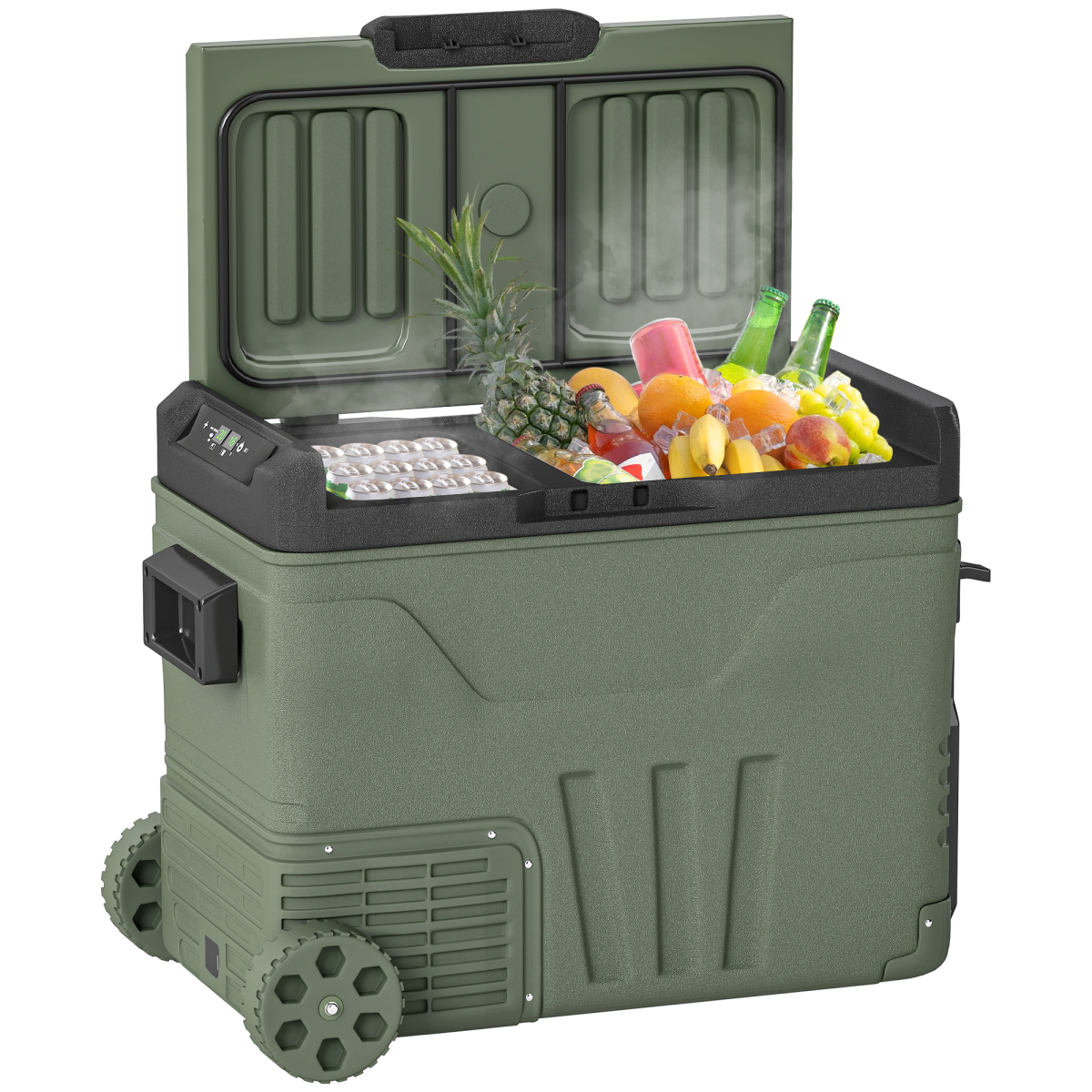 Outsunny 45L Camping Fridge Freezer with Dual Zones, DC & AC Power and LED Panel – Car Fridge, Green