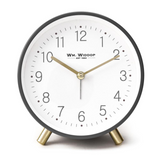 William Widdop Alarm Clock with Satin Gold Metal Legs, Light & Snooze – Matt Grey Round Quartz Clock