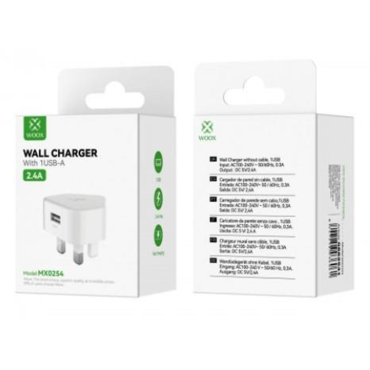 WOOX MX0254 2.4A Single USB Wall Charger – Compact Plug Adapter, Cable Not Included, White