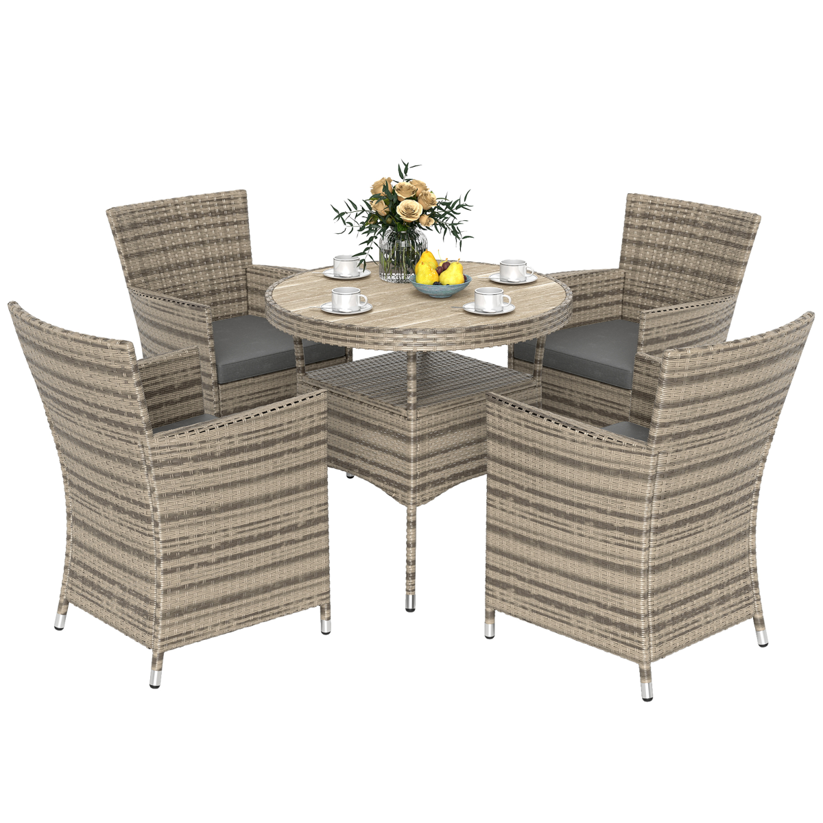 Outsunny 5-Piece Rattan Dining Set for 4 with Cushioned High-Back Chairs & Two-Tier Table – Patio, Grey